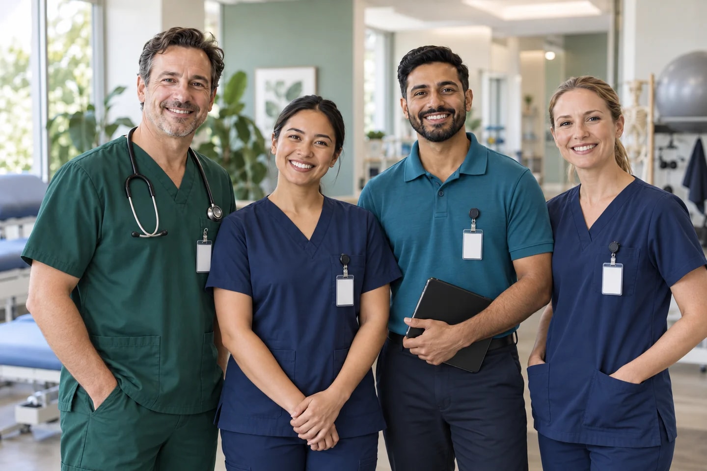 A diverse team representing doctors, nurses and allied health professionals in a modern clinic