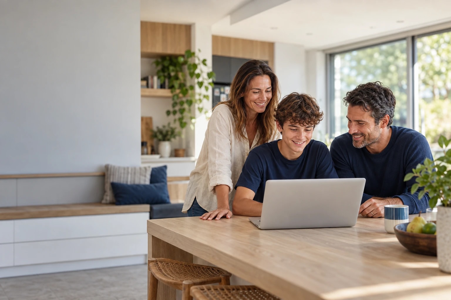Parents and their teenage son sharing a laptop in a sunlit home